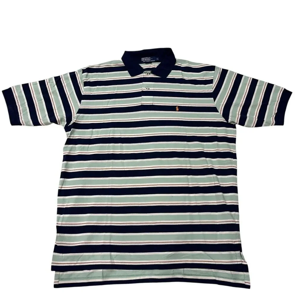 Vintage Polo Ralph Lauren Shirt Mens XL Blue Green Striped Short Sleeve Preppy